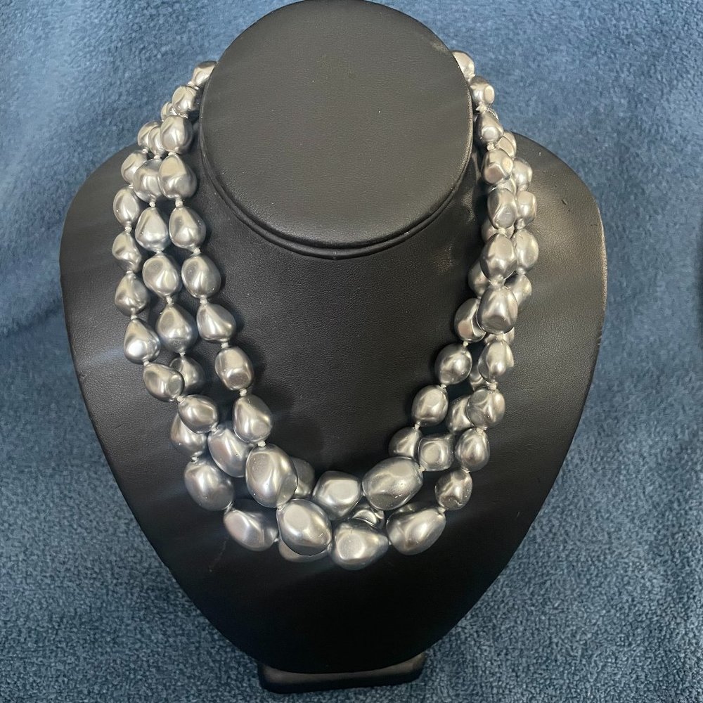 Kenneth Jay Lane Triple Strand Pewter Stone Necklace